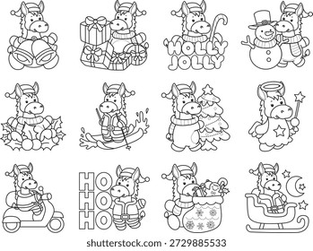 Dibujos para colorear de lindo divertido icono de la etiqueta engomada del burro con tema de Navidad. Esquema de Burro en la variación de Feliz Navidad