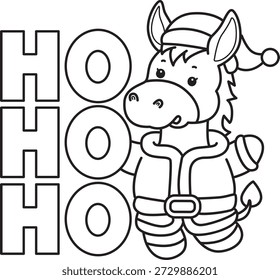 Dibujos para colorear de lindo divertido icono de la etiqueta engomada del burro con tema de Navidad. Esquema de burro con el texto ho ho ho 