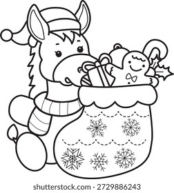 Malvorlagen von Niedlich lustig Esel Aufkleber Symbol mit Weihnachten Thema. Outline von Esel bringen eine rote Socken