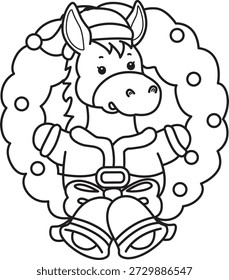 Dibujos para colorear de lindo divertido icono de la etiqueta engomada del burro con tema de Navidad. Esquema de burro con decoración de campanas 