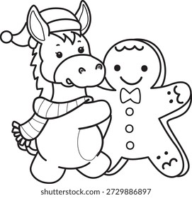 Dibujos para colorear de lindo divertido icono de la etiqueta engomada del burro con tema de Navidad. Esquema de burro con pan de jengibre