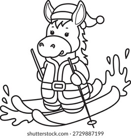 Dibujos para colorear de lindo divertido icono de la etiqueta engomada del burro con tema de Navidad. Esquema de burro jugando un patinaje sobre hielo 