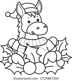 Dibujos para colorear de lindo divertido icono de la etiqueta engomada del burro con tema de Navidad. Esquema de burro en el medio de las plantas de cereza
