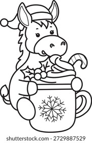 Colorir páginas de bonito engraçado ícone adesivo Burro com tema de Natal. Contorno de Burro trazer um chocolate quente