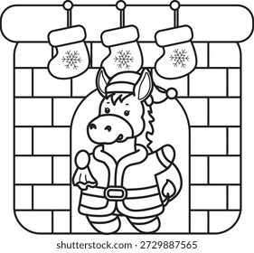 Dibujos para colorear de lindo divertido icono de la etiqueta engomada del burro con tema de Navidad. Esquema de burro en la chimenea