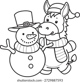 Dibujos para colorear de lindo divertido icono de la etiqueta engomada del burro con tema de Navidad. Esquema de burro con muñeco de nieve