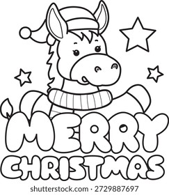 Dibujos para colorear de lindo divertido icono de la etiqueta engomada del burro con tema de Navidad. Esquema de burro con texto de Navidades felices 