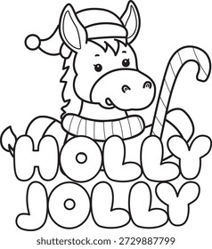 Dibujos para colorear de lindo divertido icono de la etiqueta engomada del burro con tema de Navidad. Esquema del burro con el texto de Holly Jolly