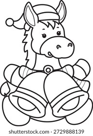 Dibujos para colorear de lindo divertido icono de la etiqueta engomada del burro con tema de Navidad. Esquema de burro con campanas
