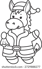 Dibujos para colorear de lindo divertido icono de la etiqueta engomada del burro con tema de Navidad. Esquema de burro con traje de sinterklaas