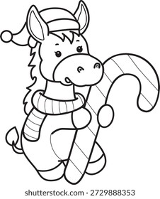 Coloring pages of Cute funny Donkey sticker icon with christmas theme. Outline of Donkey bring a candy cane