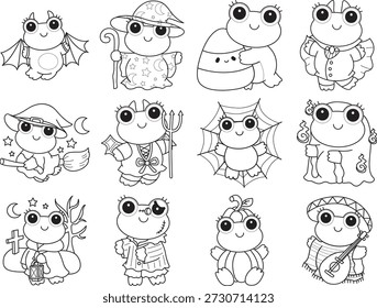 Dibujos para colorear de icono de etiqueta engomada de rana divertida linda con tema de halloween. Esquema de la rana en la variación del traje de Halloween