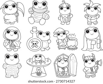 Dibujos para colorear de icono de etiqueta engomada de rana divertida linda con tema de halloween. Esquema de la rana en la variación de la fiesta de Halloween