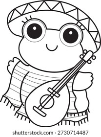 Dibujos para colorear de icono de etiqueta engomada de rana divertida linda con tema de halloween. Esquema de la rana que lleva el traje de Indiana