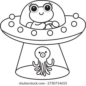 Colorir páginas de bonito engraçado ícone do adesivo de sapo com tema de halloween. Contorno de sapo dirigindo uma nave espacial