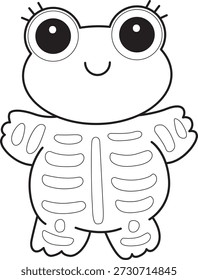 Dibujos para colorear de icono de etiqueta engomada de rana divertida linda con tema de halloween. Esquema de la rana con un traje de calavera