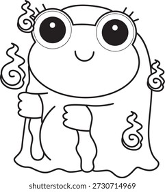 Dibujos para colorear de icono de etiqueta engomada de rana divertida linda con tema de halloween. Esquema de la rana con un traje de fantasma blanco