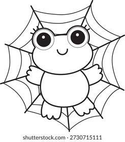 Dibujos para colorear de icono de etiqueta engomada de rana divertida linda con tema de halloween. Esquema de la rana atascada en el Web de la araña 