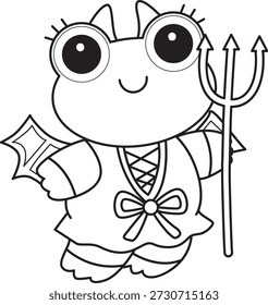 Dibujos para colorear de icono de etiqueta engomada de rana divertida linda con tema de halloween. Esquema de la rana con un disfraz de diablo rojo