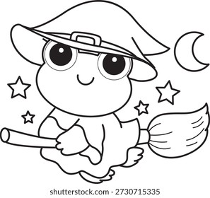 Dibujos para colorear de icono de etiqueta engomada de rana divertida linda con tema de halloween. Esquema de la rana con un traje de bruja y volando con palo de escoba 