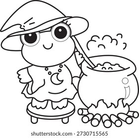 Dibujos para colorear de icono de etiqueta engomada de rana divertida linda con tema de halloween. Esquema de la rana con un traje de bruja y cocinar una poción verde