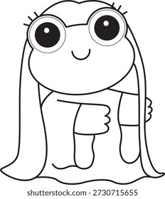 Dibujos para colorear de icono de etiqueta engomada de rana divertida linda con tema de halloween. Esquema de la rana con un fantasma blanco y el traje de pelo largo 