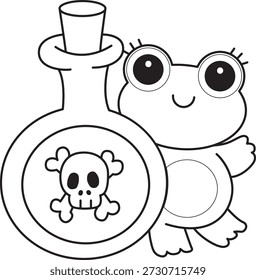 Malvorlagen von Niedlich lustig Frosch Aufkleber Symbol mit Halloween-Thema. Umriss von Frosch bringen einen schwarzen Trank 
