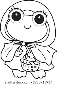Coloring pages of Cute funny Frog sticker icon with halloween theme. Outline of Frog wearing a red riding hood costume