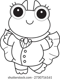 Dibujos para colorear de icono de etiqueta engomada de rana divertida linda con tema de halloween. Esquema de la rana con un traje de vampiro 
