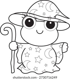 Dibujos para colorear de icono de etiqueta engomada de rana divertida linda con tema de halloween. Esquema de la rana con un traje de bruja