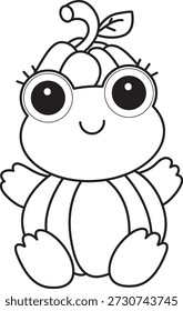 Dibujos para colorear de icono de etiqueta engomada de rana divertida linda con tema de halloween. Esquema de la rana en el traje de calabaza