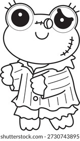 Dibujos para colorear de icono de etiqueta engomada de rana divertida linda con tema de halloween. Esquema de la rana con un traje de frankenstein