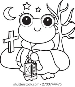 Dibujos para colorear de icono de etiqueta engomada de rana divertida linda con tema de halloween. Esquema de la rana caminando en la tumba 