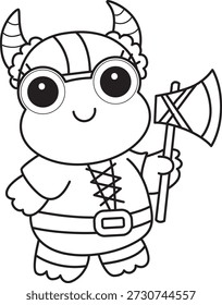 Dibujos para colorear de icono de etiqueta engomada de rana divertida linda con tema de halloween. Esquema de la rana con un traje vikingo.