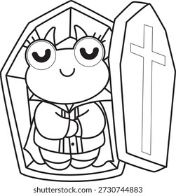 Dibujos para colorear de icono de etiqueta engomada de rana divertida linda con tema de halloween. Esquema de la rana durmiendo en el ataúd