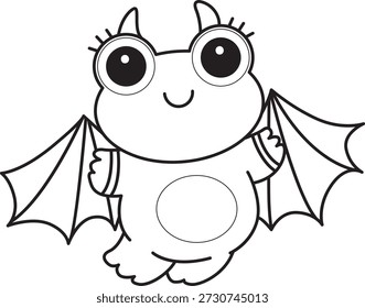 Dibujos para colorear de icono de etiqueta engomada de rana divertida linda con tema de halloween. Esquema de la rana con un traje de murciélago