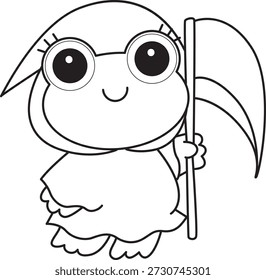 Dibujos para colorear de icono de etiqueta engomada de rana divertida linda con tema de halloween. Esquema de la rana con un traje de ángel de la muerte