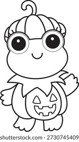 Dibujos para colorear de icono de etiqueta engomada de rana divertida linda con tema de halloween. Esquema de la rana con un traje de calabaza en halloween