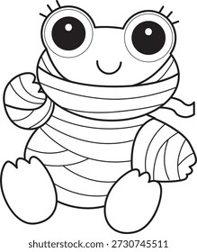 Dibujos para colorear de icono de etiqueta engomada de rana divertida linda con tema de halloween. Esquema de la rana con un traje de momia