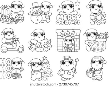 Dibujos para colorear de icono de etiqueta engomada de rana divertida linda con tema de Navidad. Esquema de la rana en la variación de Feliz Navidad