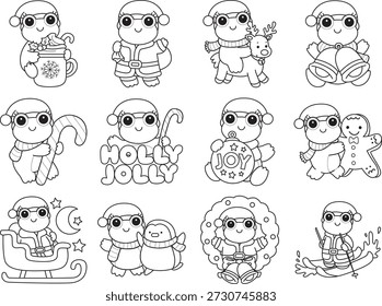 Dibujos para colorear de icono de etiqueta engomada de rana divertida linda con tema de Navidad. Esquema de la rana en la variación del tema de Navidades