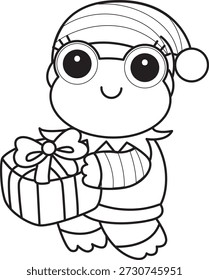 Malvorlagen von Niedlich lustig Frosch Aufkleber Symbol mit Weihnachten Thema. Umriss von Frosch trägt ein Zwerg Kostüm und bringen eine Geschenkbox