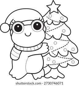 Dibujos para colorear de icono de etiqueta engomada de rana divertida linda con tema de Navidad. Esquema de la rana que lleva un árbol de Navidad