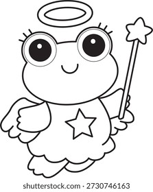 Dibujos para colorear de icono de etiqueta engomada de rana divertida linda con tema de Navidad. Esquema de la rana que lleva un traje de ángel