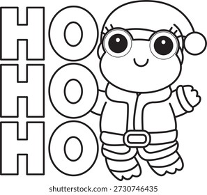 Dibujos para colorear de icono de etiqueta engomada de rana divertida linda con tema de Navidad. Esquema de la rana con el texto caliente