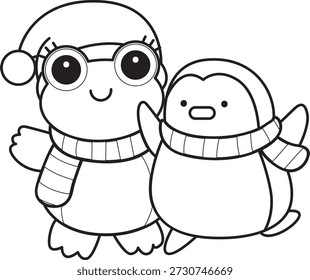 Dibujos para colorear de icono de etiqueta engomada de rana divertida linda con tema de Navidad. Esquema de la rana con el pingüino