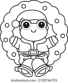 Dibujos para colorear de icono de etiqueta engomada de rana divertida linda con tema de Navidad. Esquema de la rana en la decoración de la puerta 