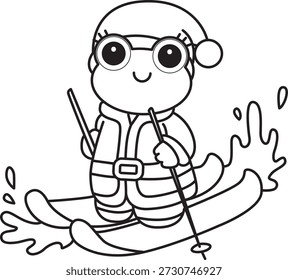 Dibujos para colorear de icono de etiqueta engomada de rana divertida linda con tema de Navidad. Esquema de la rana jugando patinaje sobre hielo