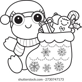 Malvorlagen von Niedlich lustig Frosch Aufkleber Symbol mit Weihnachten Thema. Umriss von Frosch bringen eine rote Socken
