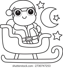 Dibujos para colorear de icono de etiqueta engomada de rana divertida linda con tema de Navidad. Esquema de la rana montando un tren